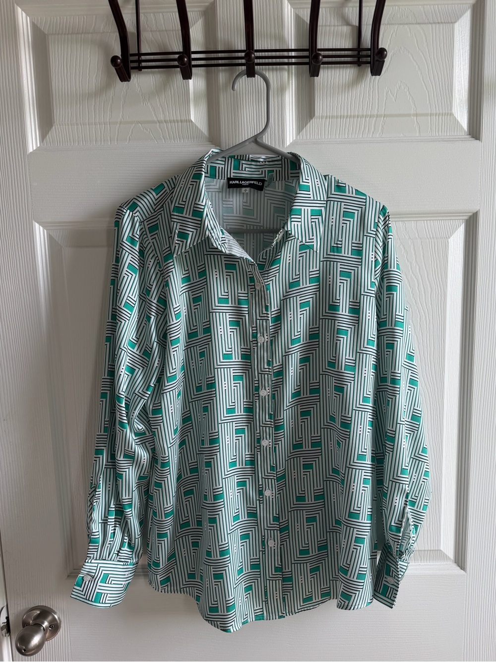 Karl Lagerfeld Green, White and Black Geometric Button-Up Shirt